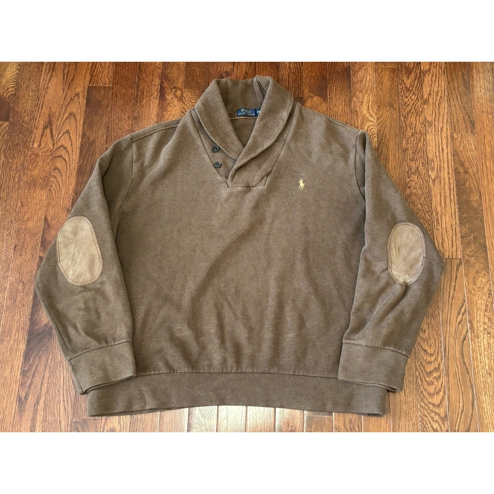 Polo Ralph Lauren Men's XXL Brown Shawl Collar Pullover Sweatshirt Logo Cotton
